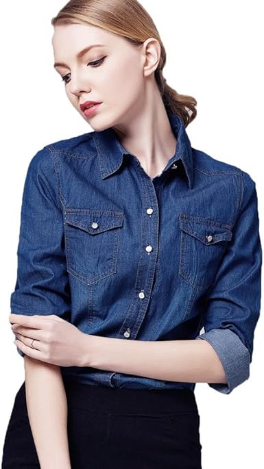 Leezo Women Autumn Long Sleeve Turn Down Collar Denim Shirts Jeans Blouses Blue Amazon Co Uk Clothing