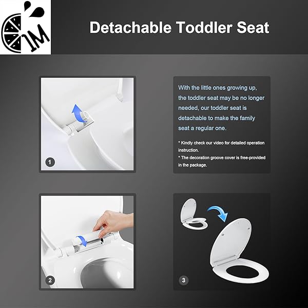 1M FAMILY TOILET SEAT, PATENTED SLOW CLOSE & QUICK RELEASING TECHNOLOGY, ANTI-WIGGLING, EASY TO INSTALL AND CLEAN, STANDARD ROUND WITH TODDLER SEAT BUILT IN (1 PIECE)