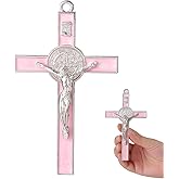 VINETEN Crucifix - Saint Benedict Crucifix Wall Cross Give Blessing and The Spiritual Sacred Pink Enamel Wall Cruciifx for Girl 5 Inch