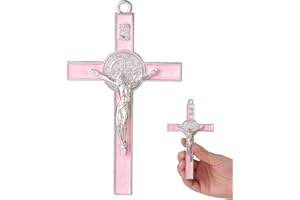 VINETEN Crucifix - Saint Benedict Crucifix Wall Cross Give Blessing and The Spiritual Sacred Pink Enamel Wall Cruciifx for Girl 5 Inch