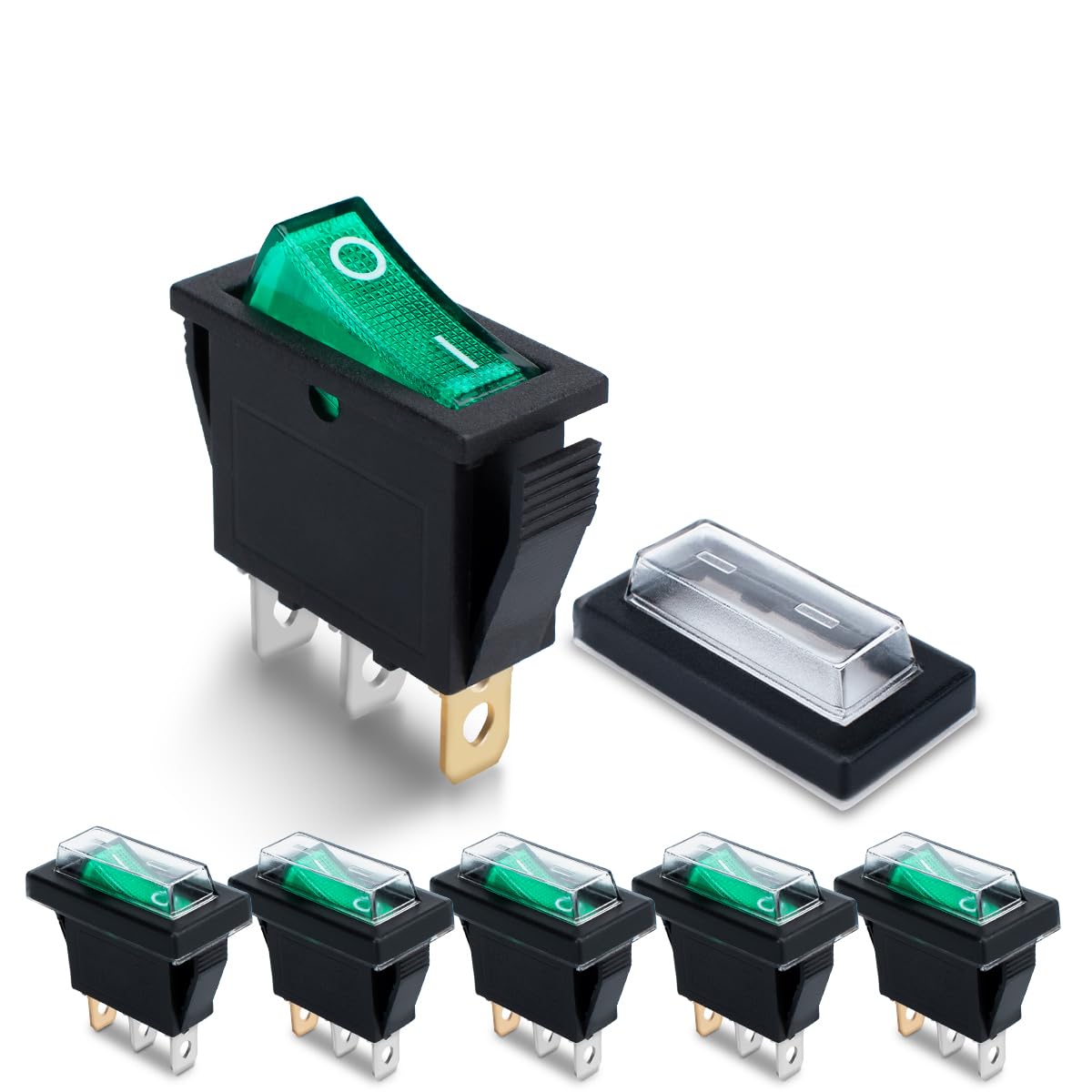 Innfeeltech 6 Pcs Mini Rocker Switch Green KCD3-103 3 Pin 3 Position Toggle Switch with 6 Waterproof Caps