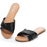 FITORY Women's Flat Sandals Fashion Slides With Soft Leather Slippers for Summer Size 6-11