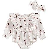 COORALLY Infant Baby Girl Christmas Outfit Cotton Linen Smocked Bodysuit Long Sleeve Romper with Headband