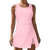 Women's Sleeveless Golf Tennis Dress Crew Neck Side Slit Workout Athletic Dresses with Built-in Bra Shorts and Pocket