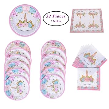 Sunshinetek Piatti E Tovaglioli Di Carta Per Unicorno 32 Pezzi Forniture Per Feste A Tema Set Per Bambini Festa Di Compleanno Baby Shower Serves Fit