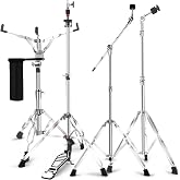 Boom Cymbal Stand + Straight Cymbal Stand + Hi Hat Stand + Snare Drum Stand | 5 Pack Set Adjustable Drum Hardware Percussion Mount Holder Gear Set for Crash, Ride, Splash Cymbal with Drum Sticks Holder