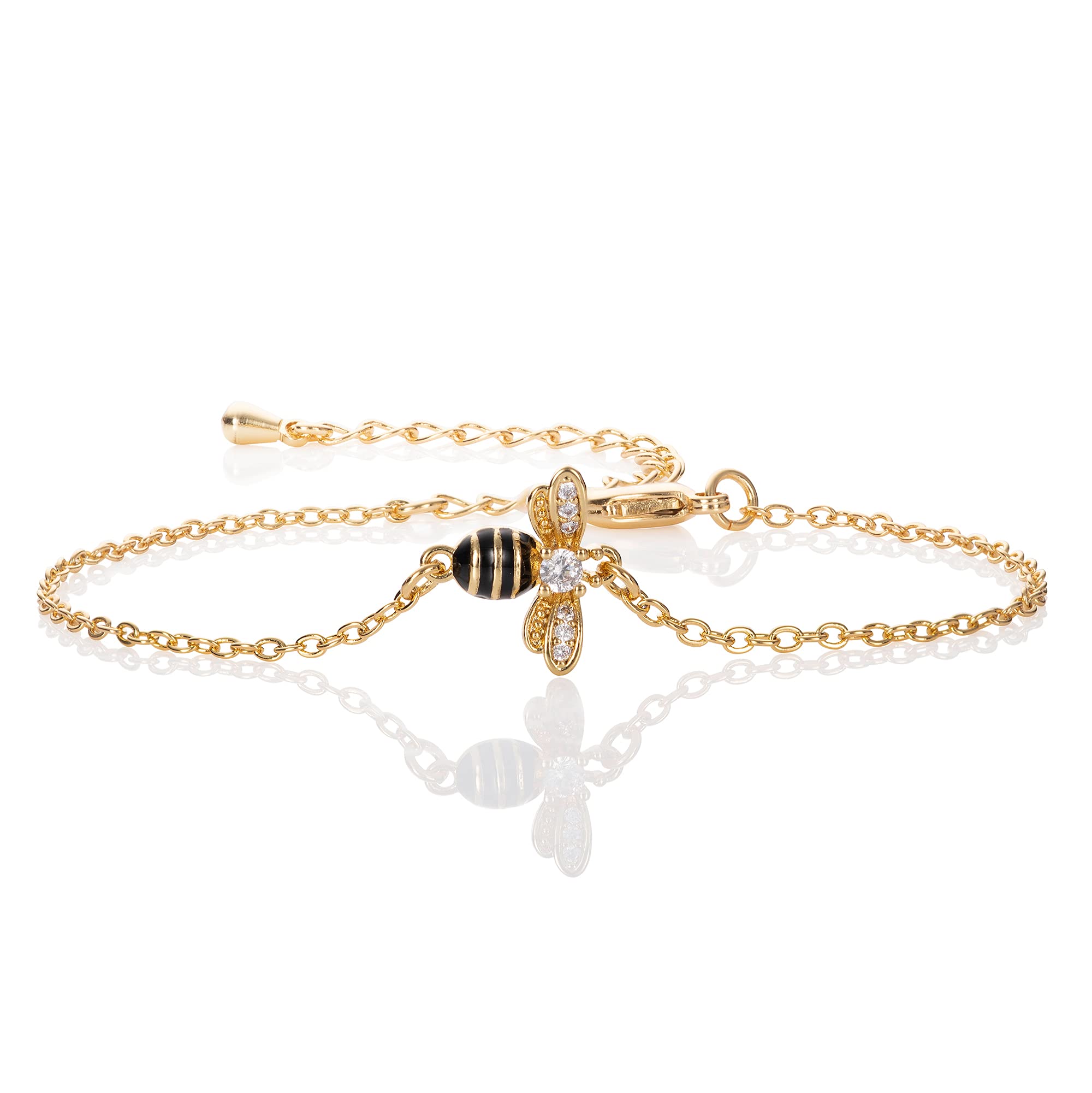 Namana Gold Plated Bumble Bee Bracelet for Women and Girls. Cute Gold Bracelet with Cubic Zirconia and Black Enamel. Bumble Bee Jewellery Gift