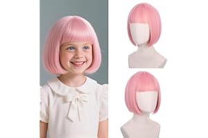 Ufindcos Kids Short Pastel Pink Bob Wigs Child Light Pink Wig with Bangs Girls Short Bob Wig for Kids Daily Party Use
