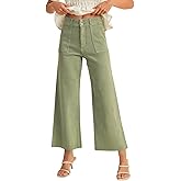 Allimy Womens High Rise Two Button Closure Cropped Jeans Wide Leg Front Slip Pockets Frayed Hem Denim Pant