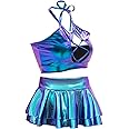 SFBBCLOZ Women's Rave Outfit Sets For Women Festivals 2 Pcs Metallic Tops Skirt EDM Party Club Holographic Rave Outfits