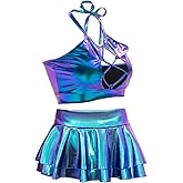 SFBBCLOZ Women's Rave Outfit Sets For Women Festivals 2 Pcs Metallic Tops Skirt EDM Party Club Holographic Rave Outfits