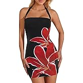 Women's Halter Mini Dress Summer Sexy Floral Print Backless Bodycon Short Dress Tie Back Party Casual Going Out Clothes