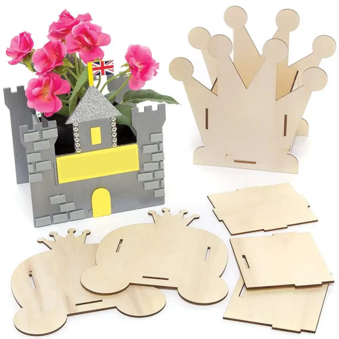 Baker Ross PJ191 Royal Themed Flowerpot for VJ Day 80th Anniversary - Pack of 3, Wood Craft Kit, Party Souvenir for Kids