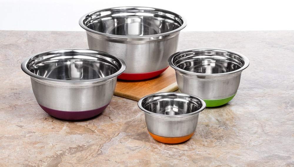 4 pc Stainless Steel Mixing Bowls - Mixing Bowl Set - Serving Bowl Set - 1, 1.8, 3, and 5 quart - Multicolor Silicone Base, Hammered, Plain, Black Silicone Base (Multicolor Silicone Base)