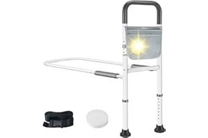 Micsci Bed Rails for Elderly Adults Safety,Height Adjustable Bed Cane with Motion Light, Storage Pocket,Bed Assist Rails for Seniors with Floor Support - Easy to Get in or Out of Bed (Light Grey)