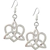 Large Celtic Heart Triquetra Knot Charm Earrings, Handmade Silver Tone Irish Scottish Dangle Jewelry