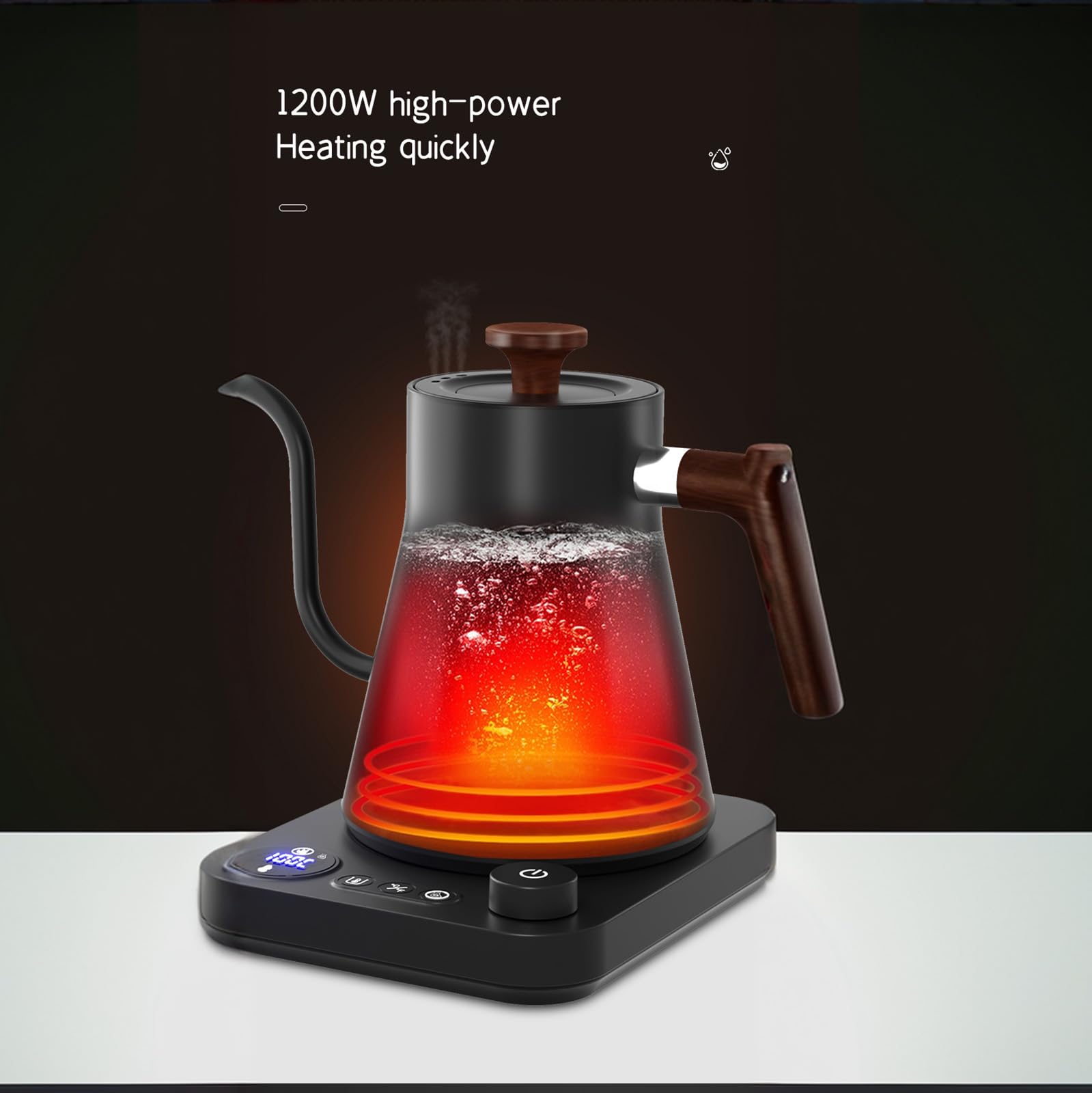 Hervidor eléctrico de cuello de cisne, hervidores eléctricos, control de temperatura ±1 ℉, acero inoxidable 304 ultra silencioso, para café, té y leche, detección automática de ebullición, 8 protecciones de seguridad y función de memoria (negro, 0,9 L)