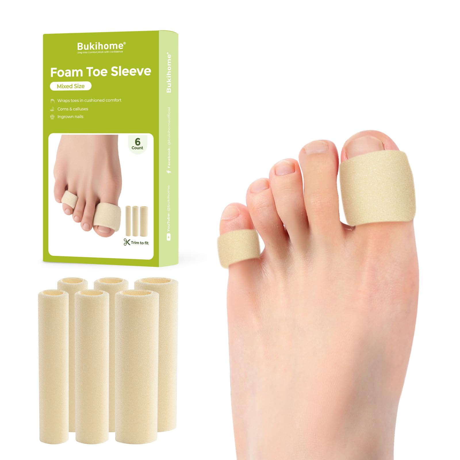 Photo 1 of Bukihome Cuttable Toe Tubes Sleeves - Foam Toe Protectors for Corns, Calluses, Blisters - Fabric & Breathable Gel Lining Toe Sleeve Protectors Relief Toe Pressure Pain - 6 Count, White