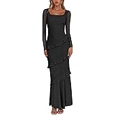 Nova In Sky Women's Wedding Guest Dress Maxi Long Sleeve Mesh Ruffle Formal Bodycon Mermaid Evening Cocktail Long Dress