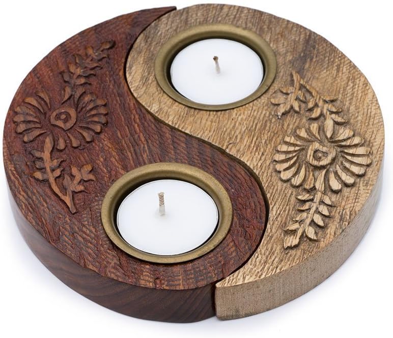 Matr BoomieTwo Piece Hand Carved Solid Mango and Rose Wood Yin Yang Floral Tea Light Candle Holder