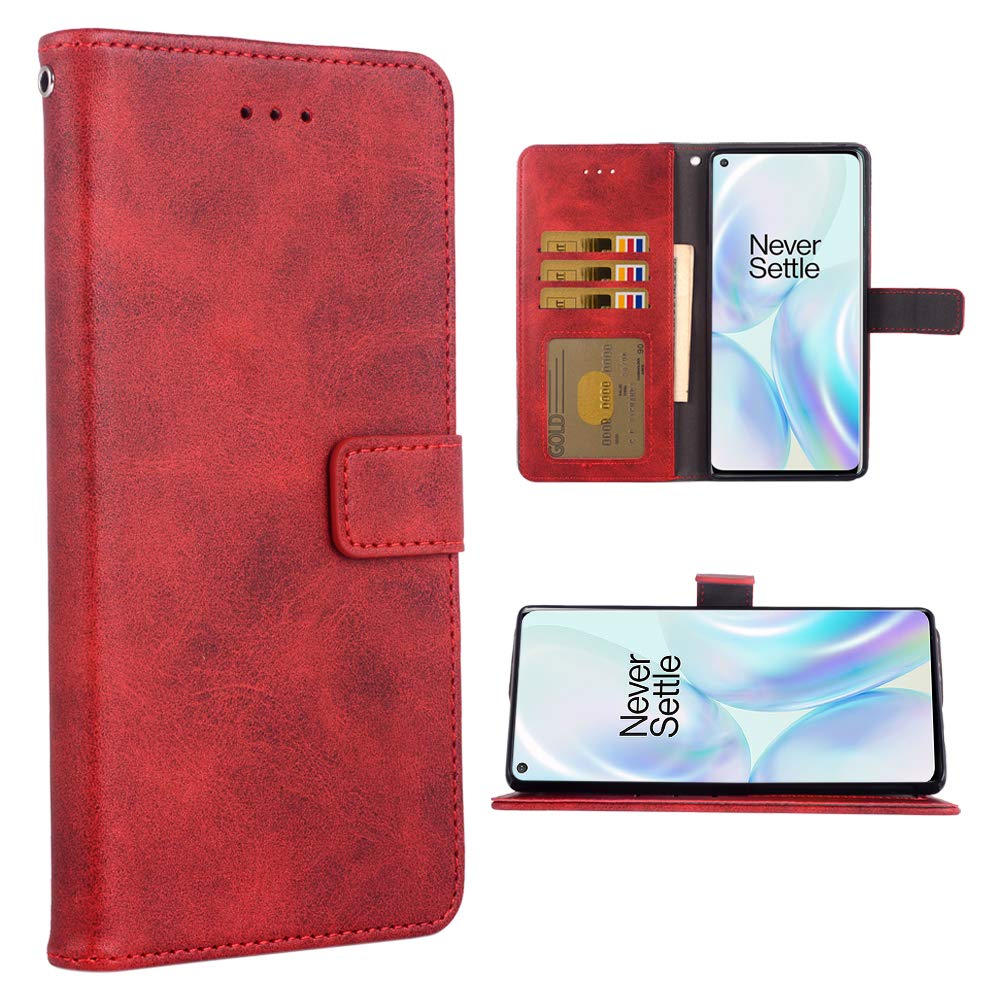 Photo 1 of Phone Case for One Plus8 On 1 Plus 1plus One+ 1+ 1+8 Tmobile Folio Flip Wallet PU Leather Credit Card Holder Slots Heavy Duty Full Body Protection Kickstand Phone Cover for OnePlus8 5G UW Red