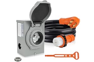 TIPHOPE 50Amp Generator Cord 10FT and Power Inlet Box,125/250V,Heavy Duty NEMA 14-50P to SS2-50R Generator Cable with NEMA SS2-50P Pre-Drilled Generator Inlet Box for Generator to House