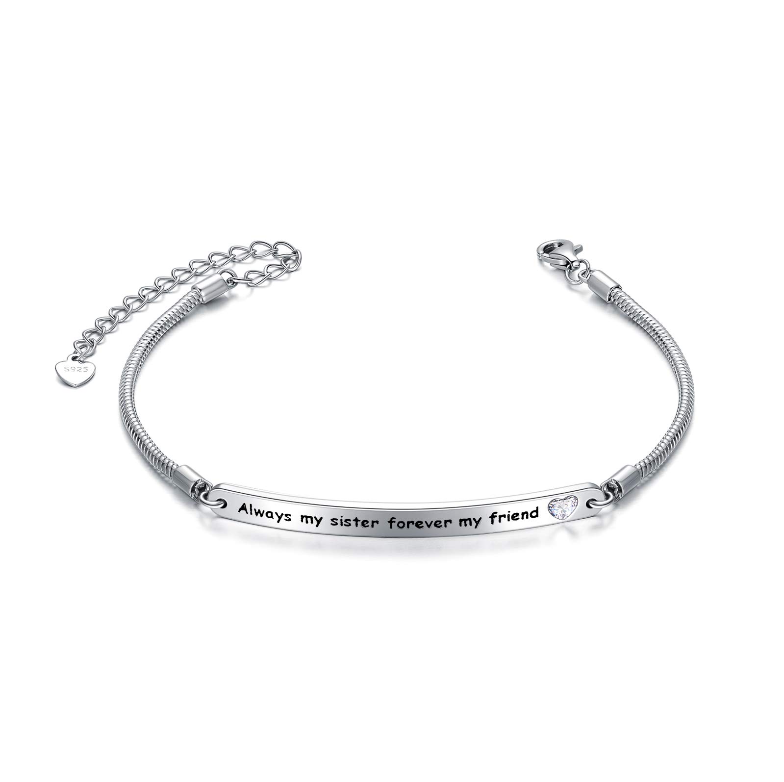 Sterling Silver Inspirational Bracelet - Engraved 'Always My Sister, Forever My Friend', Sister Birthday Gift for Women
