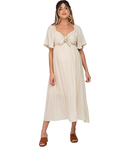PinkBlush Beige Crochet Lace Button Front Maternity Dress at Amazon Women's Clothing store