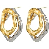 Two Tone Earrings for Women Trendy Gold and Silver Dangle Hoop Stud Earrings Irregular Geometric Statement Jewelry Gifts
