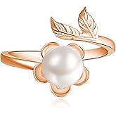 Dreamboat Pearl Flower Promise Ring for Women 925 Sterling Silver Imitation Pearl Statement Adjustable Expandable Open Band Finger Rings Fashion Anniversary Christmas Birthday Jewelry Gifts