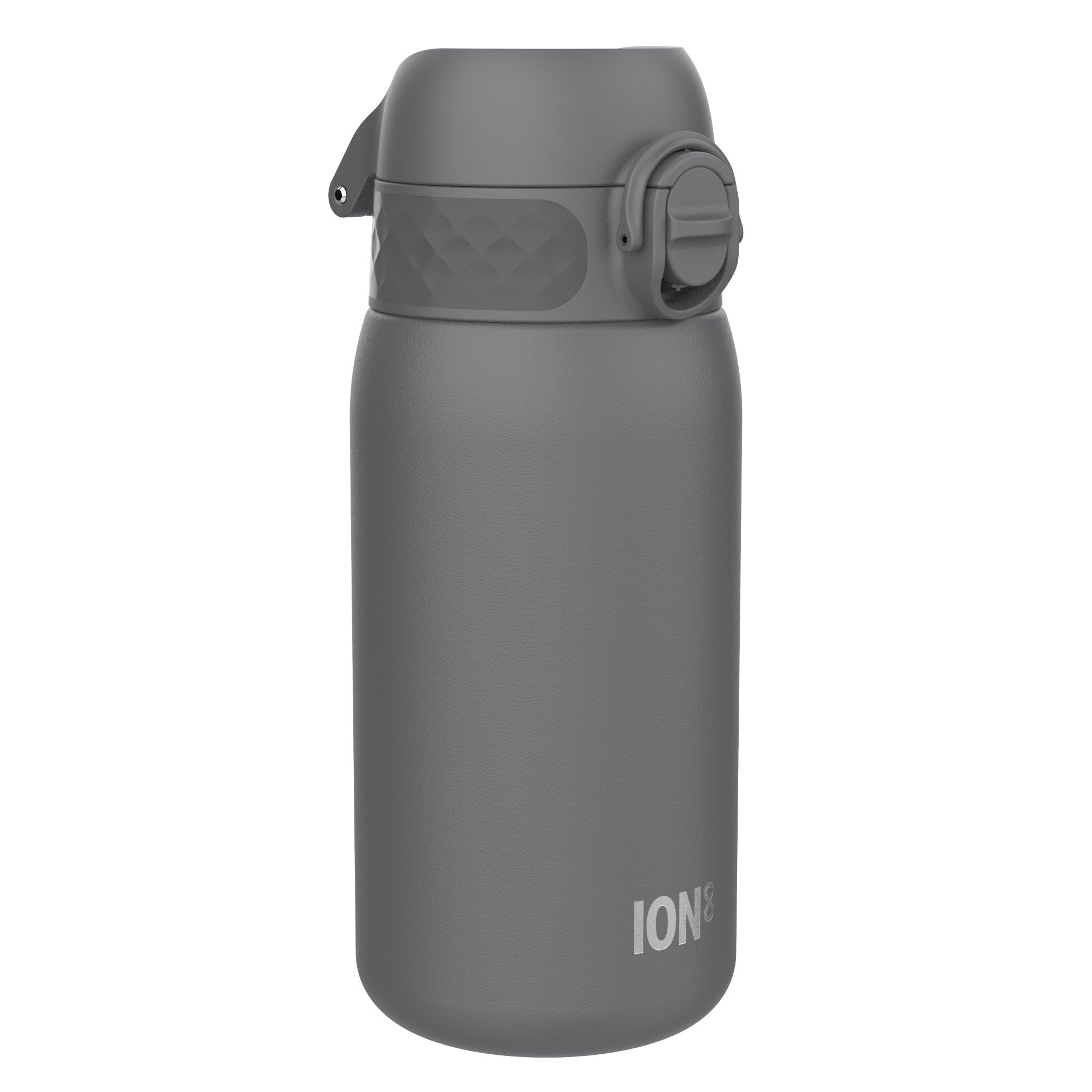 ION8 Lightweight Steel Kids Water Bottle, 400ml/13oz, Non-Insulated, Leak Proof, Easy to Open, Secure Lock, Dishwasher Safe, Fits Cup Holders, Carry Handle, Metal Water Bottle, Grey