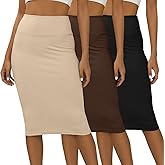 Real Essentials 3 Pack: Womens Soft Midi Skirt – High Waisted Pencil Work Office Business Casual Skirts with Back Slit Plus
