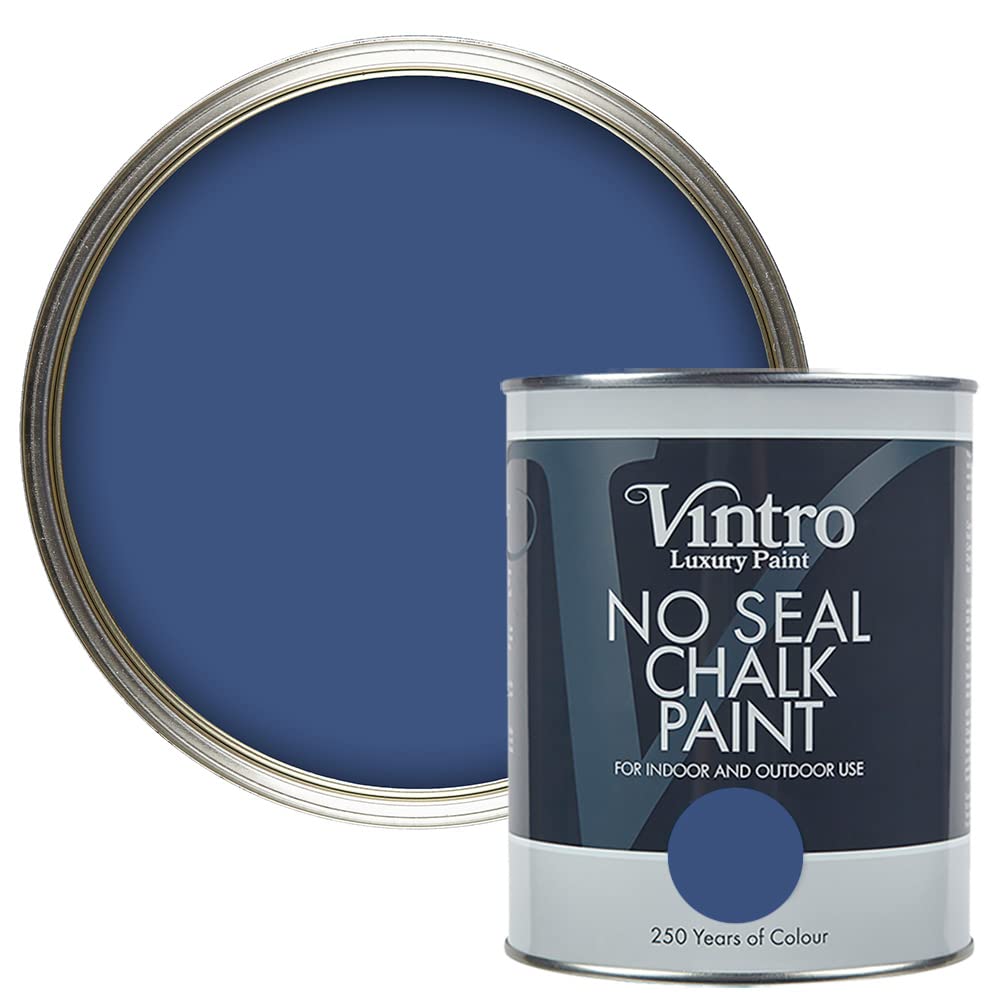 Vintro | No Seal Chalk Paint | Deep Blue | Interior & Exterior Use | Furniture | Walls | Wood | Metal | 1 Litre (Paris Blue)