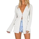 Saodimallsu Women Deep V Neck Cardigan Button Down Flare Long Sleeve Loose Open Front Knit Summer Lightweight Shirts