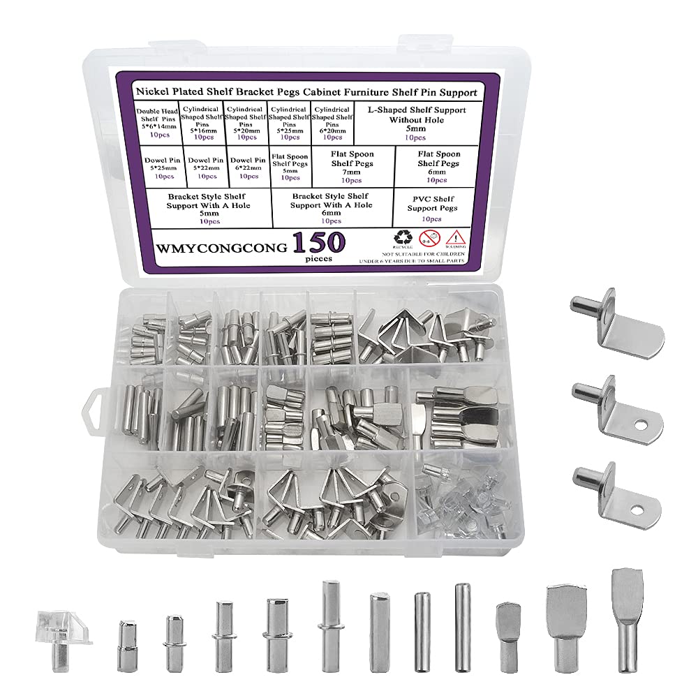 WMYCONGCONG 150 Pcs 7 Styles Shelf Bracket Pins Assortment Kit, Shelf Pegs with Plastic Caps Metal Nickel Plated Cabinet Furniture Shelf Pin Support for Wood Shelving Bookshelf Closet Kitchen