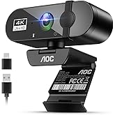 AOC 4k Webcam for PC with Microphone, Computer Camera with Noise Cancellation, Privacy Cover, 99° FOV, Plug & Play USB Webcam for Streaming, Conferencing, Zoom, Skype, Facetime, Laptop, PC, Skype