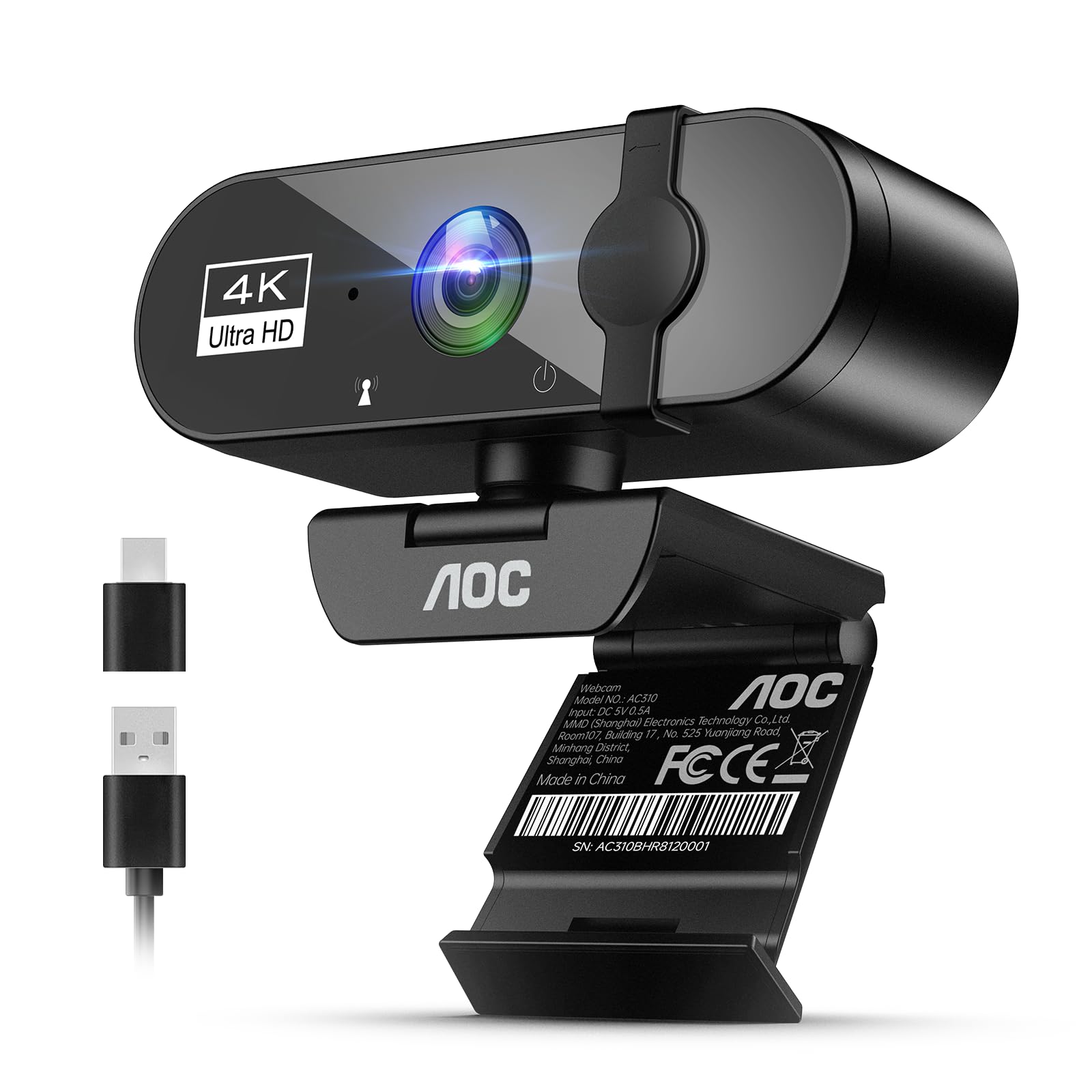 AOC 4k Webcam for PC with Microphone, Computer Camera with Noise Cancellation, Privacy Cover, 99° FOV, Plug & Play USB Webcam for Streaming, Conferencing, Zoom, Skype, Facetime, Laptop, PC, Skype