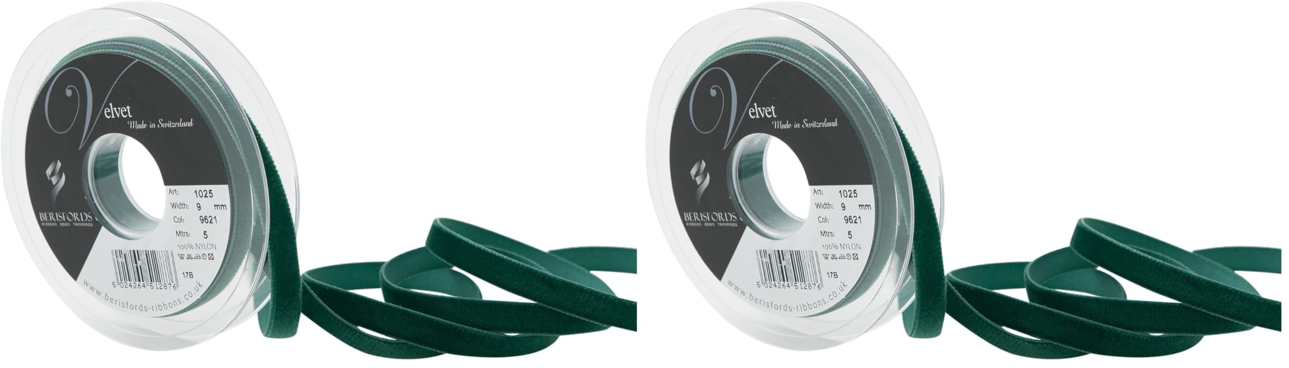 Berisfords Velvet Ribbon, Dark Green, 10.2 x 1.5 x 10.2 cm (Pack of 2)