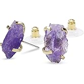 Amethyst Stud Earrings, Natural Amethyst Stone Prong Setting Gold Tone Earrings, February Birthstone Jewelry Gift for Her