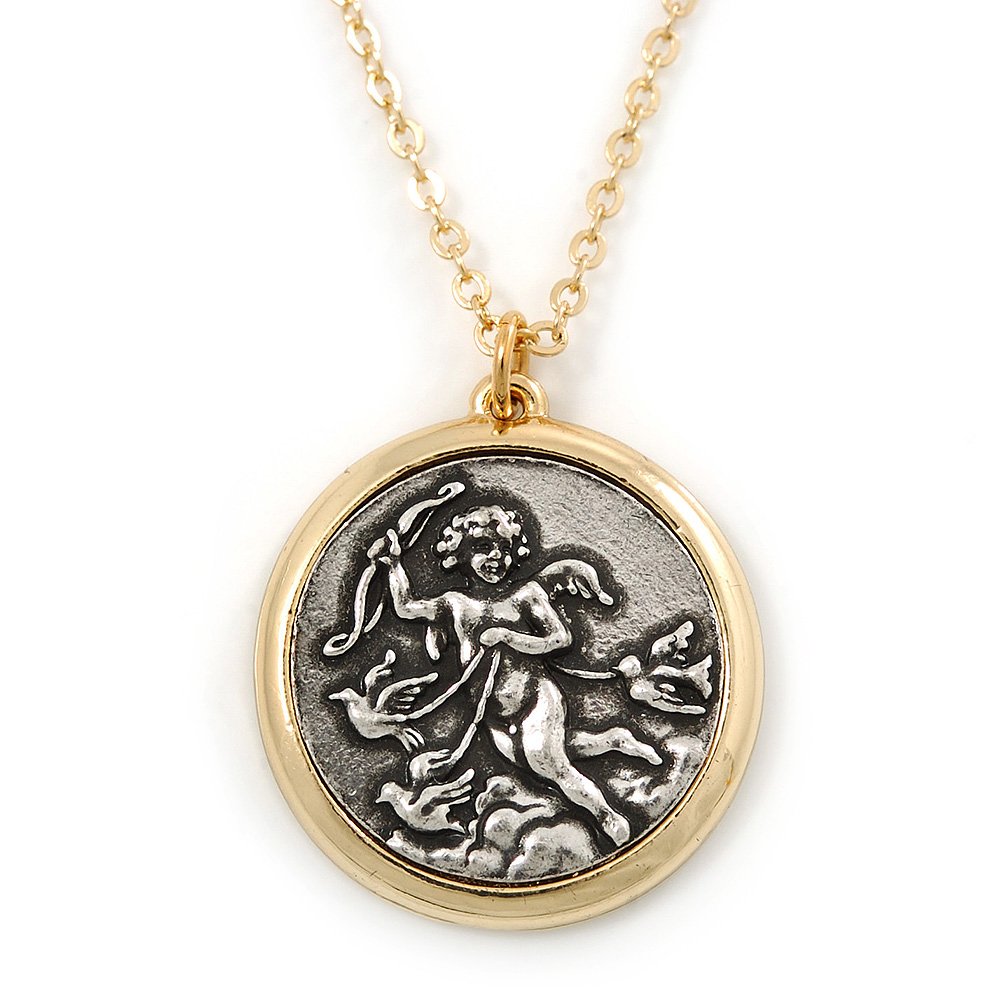Avalaya Two Tone 'Angel' Medallion Pendant With Gold Tone Chain - 40cm L/ 5cm Ext