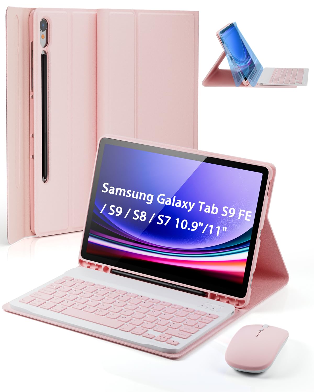 Photo 1 of TUNKARMOR Case Keyboard for Samsung Galaxy Tab S9 FE / S9 / S8 / S7 10.9"/11" Built-in Pencil Holder with Mouse (Pink)