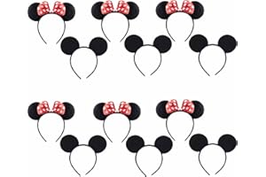 LinamHoz 12 pcs Mouse Ears Headband, Birthday party or celebration decorations, Solid Black Ear & Red Bow