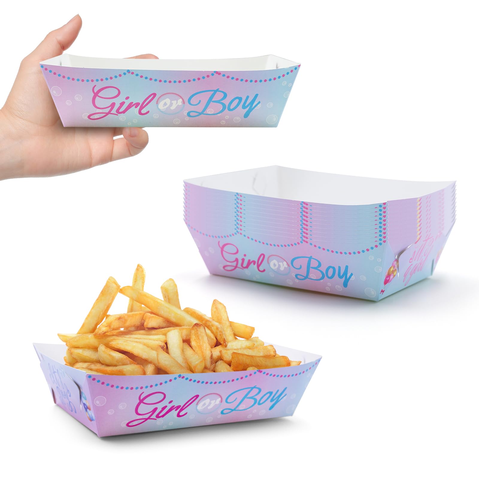 Photo 1 of 100 Packs Gender Reveal Paper Food Trays Gender Reveal Birthday Party Supplies Boys or Girls Themed Nacho Hot Dog Trays Paperboard Disposable Food Holders