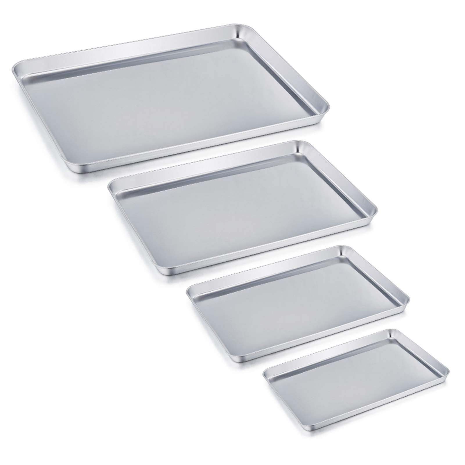 Baking Tray Set of 4, Stainless Steel Baking Sheet Pan Professional, Ideal for Cookie Pizza and Roasting, Non Toxic & Healthy, Mirror Finish & Dishwasher Safe