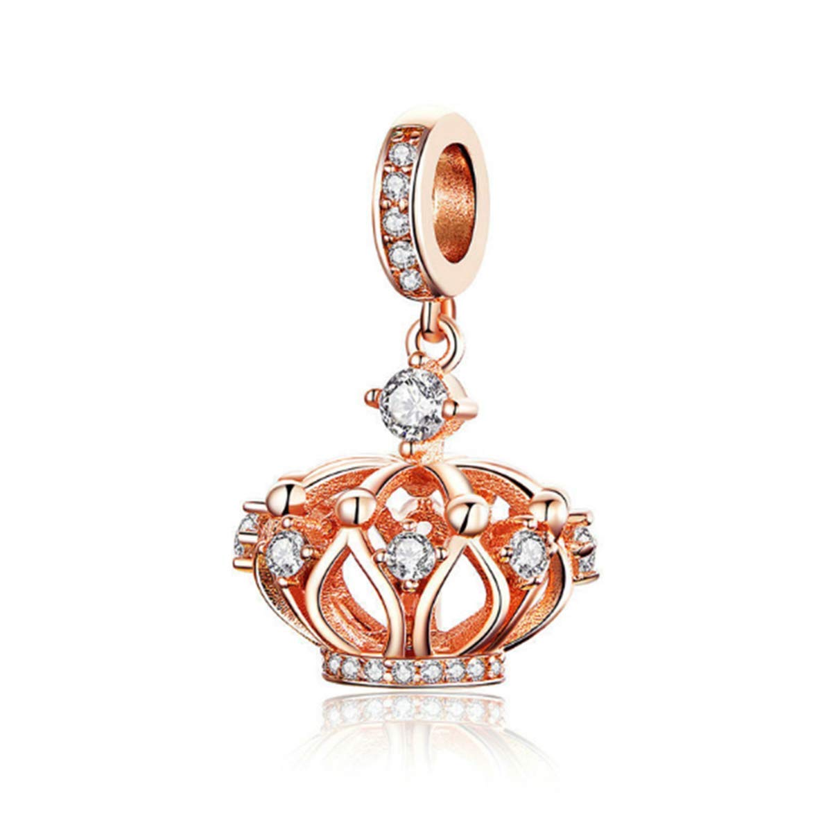 Heart Charms 925 Sterling Silver Crown Cubic Zircon Rose Gold Love Charm Bead for Bracelets Family Birthday Anniversary Gift (Crown Charm Bead)