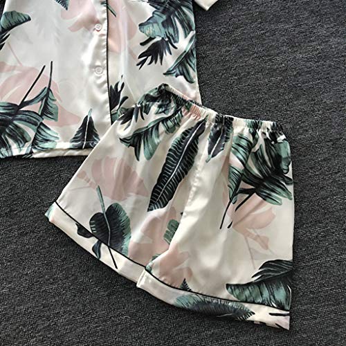 Women Simulation Silk Printing Pattern Pajamas Short Sleeve Sleepwear V Neck Nightwear Set Beige