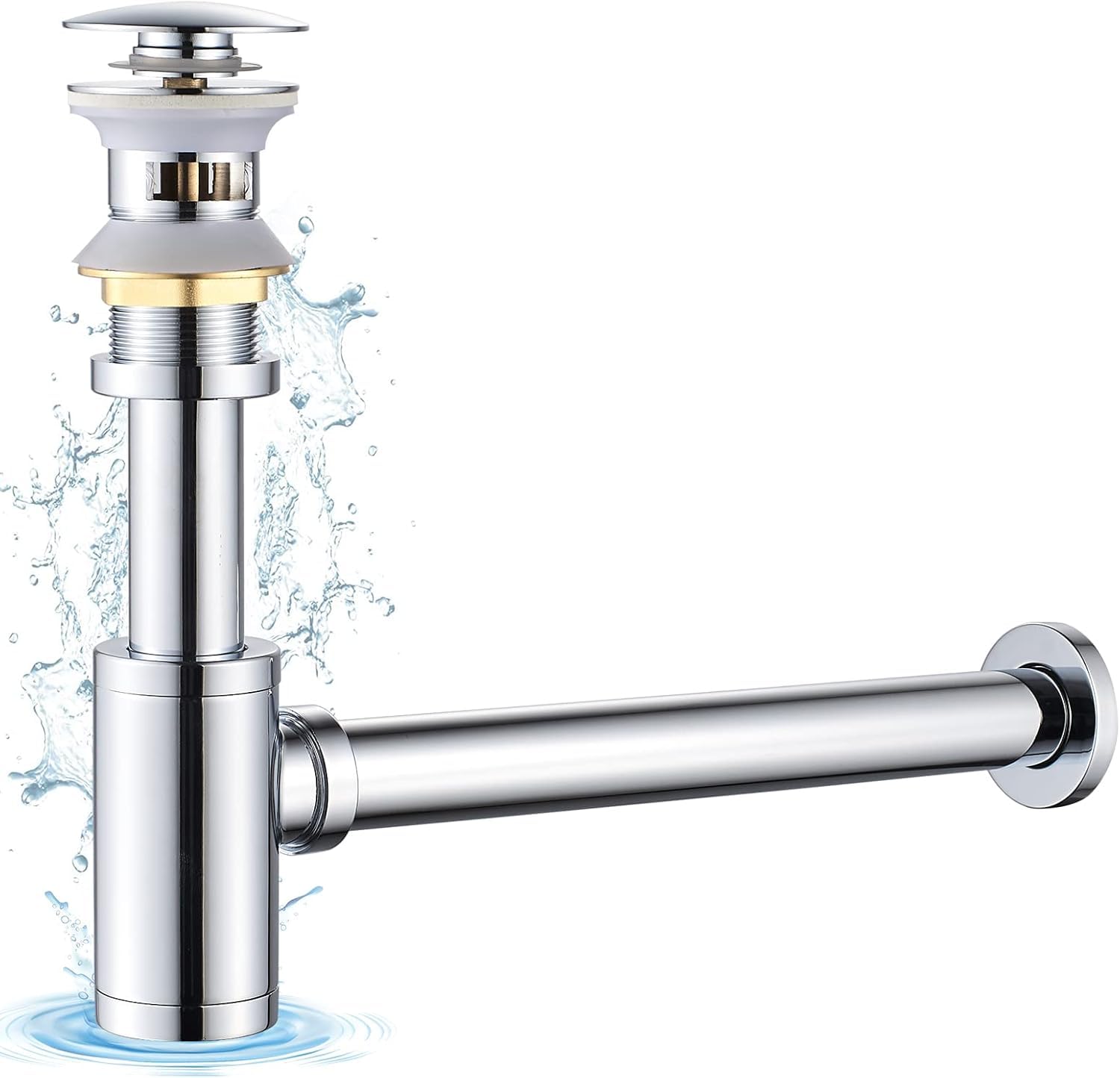 OUGOO Bottle Trap and Pop Up Basin Waste Kit, G 1 1/4 Sink Trap for Bathroom Sinks with Overflow, Easy-Clean Design with 300mm Adjustable Waste Pipe, Polished Chrome Finish