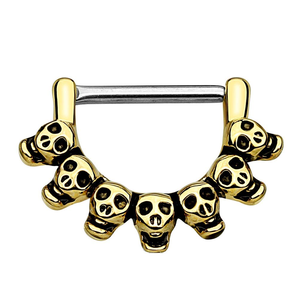 PiercedOff Gold Tone IP over 316L Surgical Steel Nipple Clicker with 7 Skulls Crescent - Thickness 14GA (1.6mm) / Clicker Length 10mm / Diameter 21mm