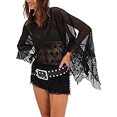 Women Y2K Sheer Lace Poncho Top Ruffle Batwing Sleeve Shawl V Neck Cover Up Open Side See Through Flowy Blouse