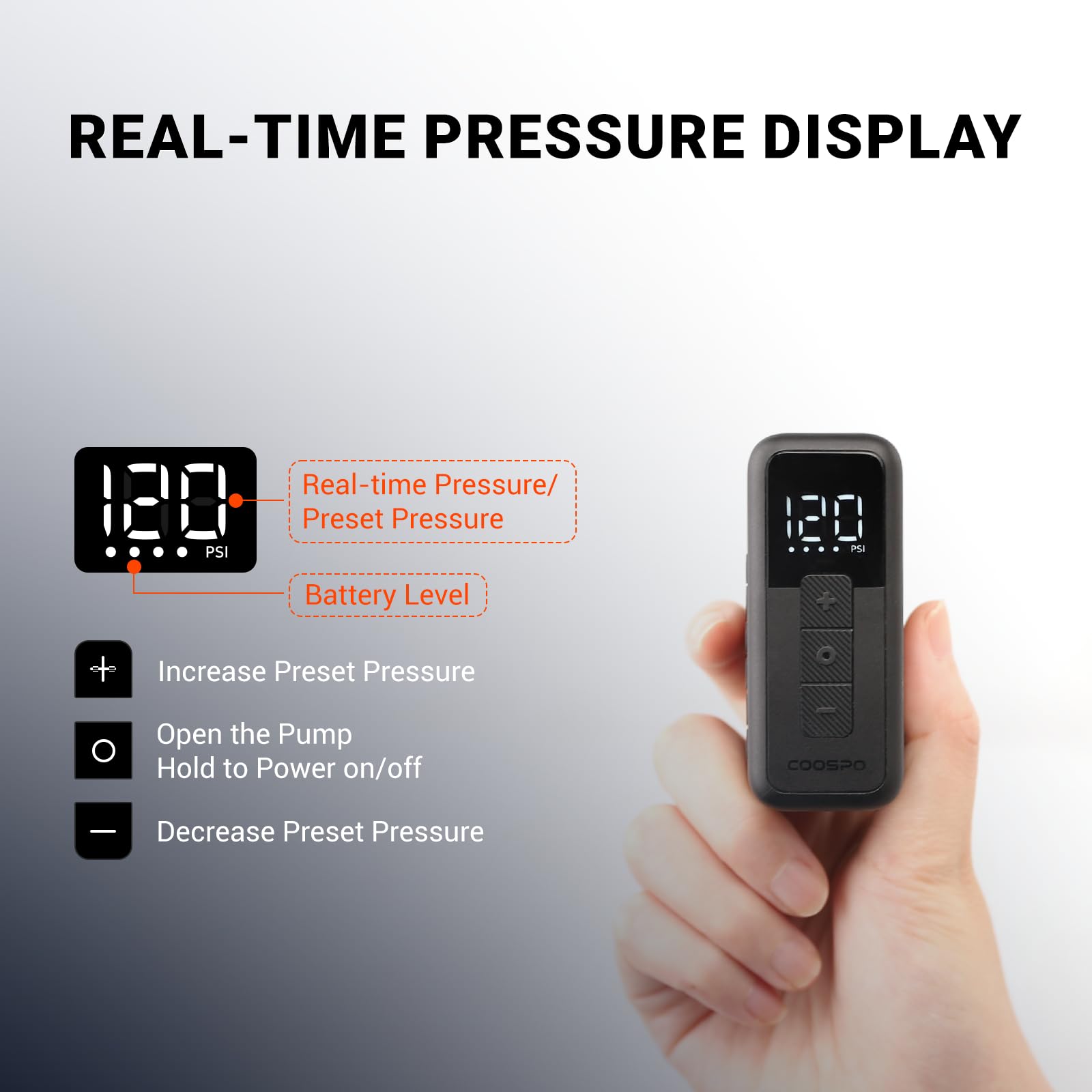 COOSPO X1 Mini Electric Bike Pump with Gauge, 120PSI Portable Bicycle Tire Pump, Auto Stop, Fast Inflation for Presta & Schrader Valves, USB-C Rechargeable, Compact for Road/Mountain Bikes